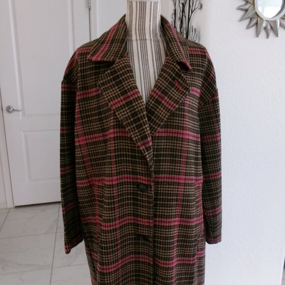 New Wild Fable Wool Blend Plaid Oversize Midi Coat Brown Tan Fuchsia Pink S / M - Picture 4 of 14